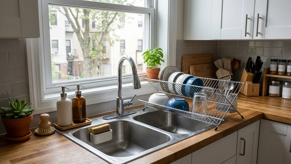 Collapsible wire over-sink drying rack holding bowls and glasses in a small apartment kitchen