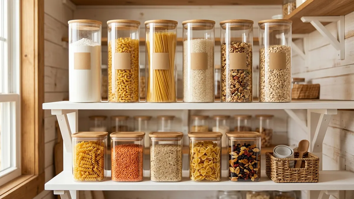 Neatly organized pantry shelves filled with matching clear airtight canisters and square food storage containers for dry goods