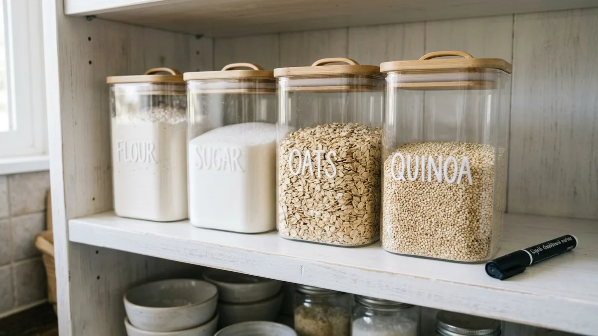 Row of clear labeled pantry organization containers on a white pantry shelf with printed ingredient labels