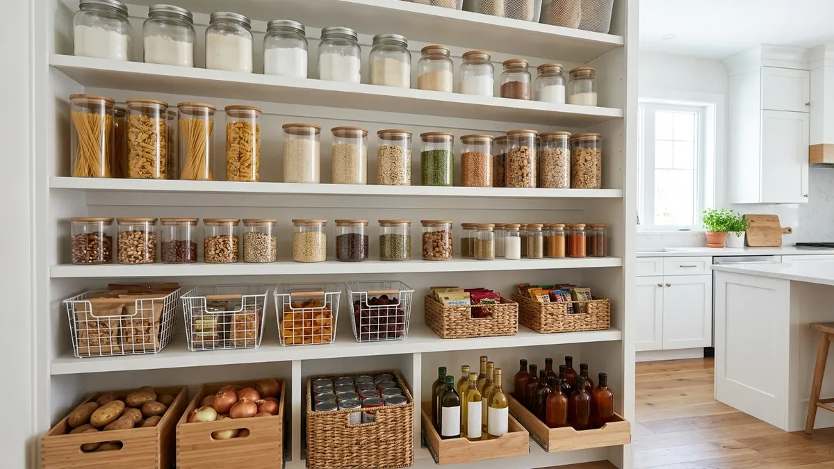 Fully organized open pantry with matching container sets arranged by food category on white wood shelving