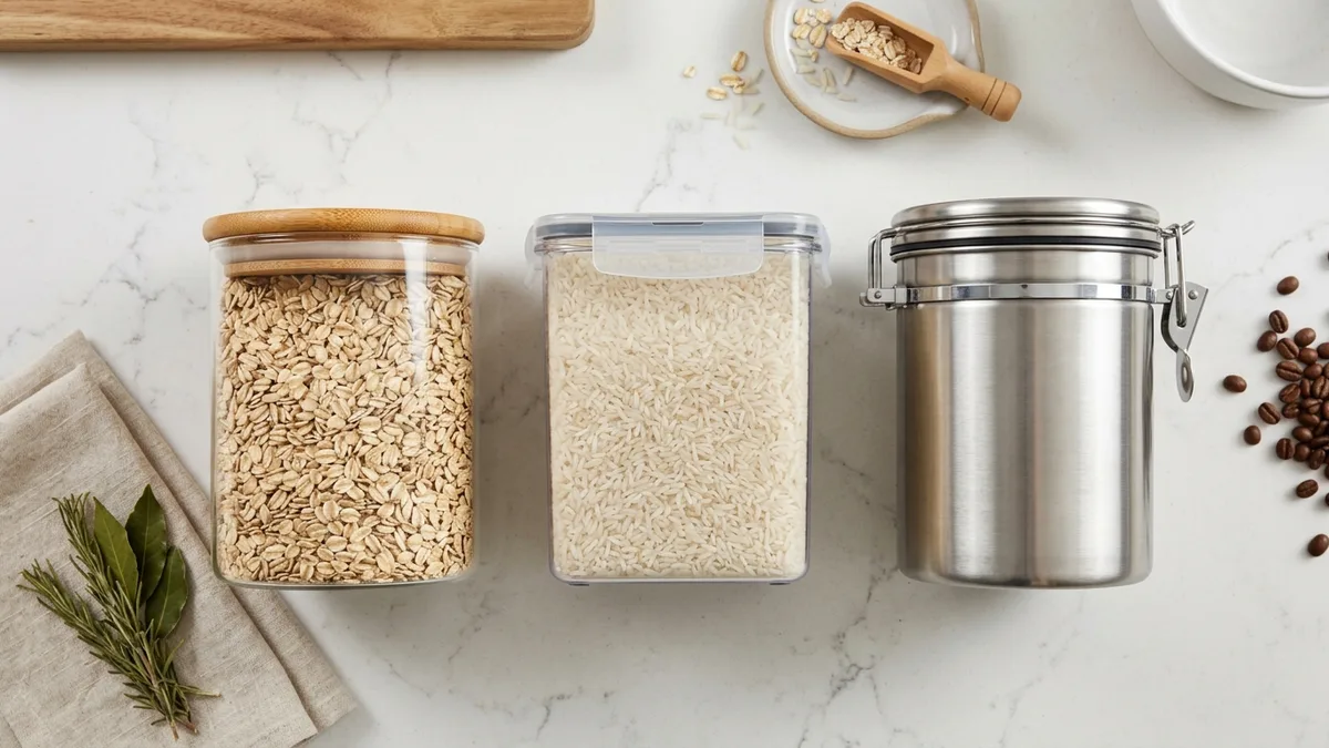 Side-by-side comparison of glass, BPA-free plastic, and stainless steel pantry food storage containers on a kitchen counter