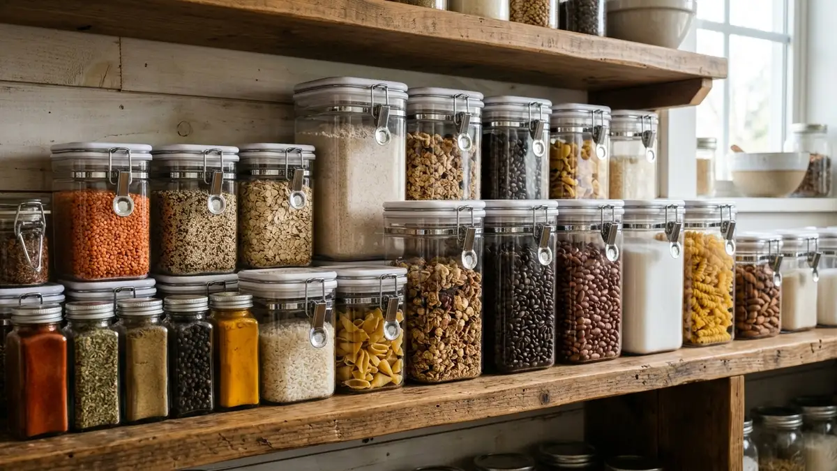 Pantry shelf displaying a variety of matching clear square airtight containers in multiple sizes from small to large