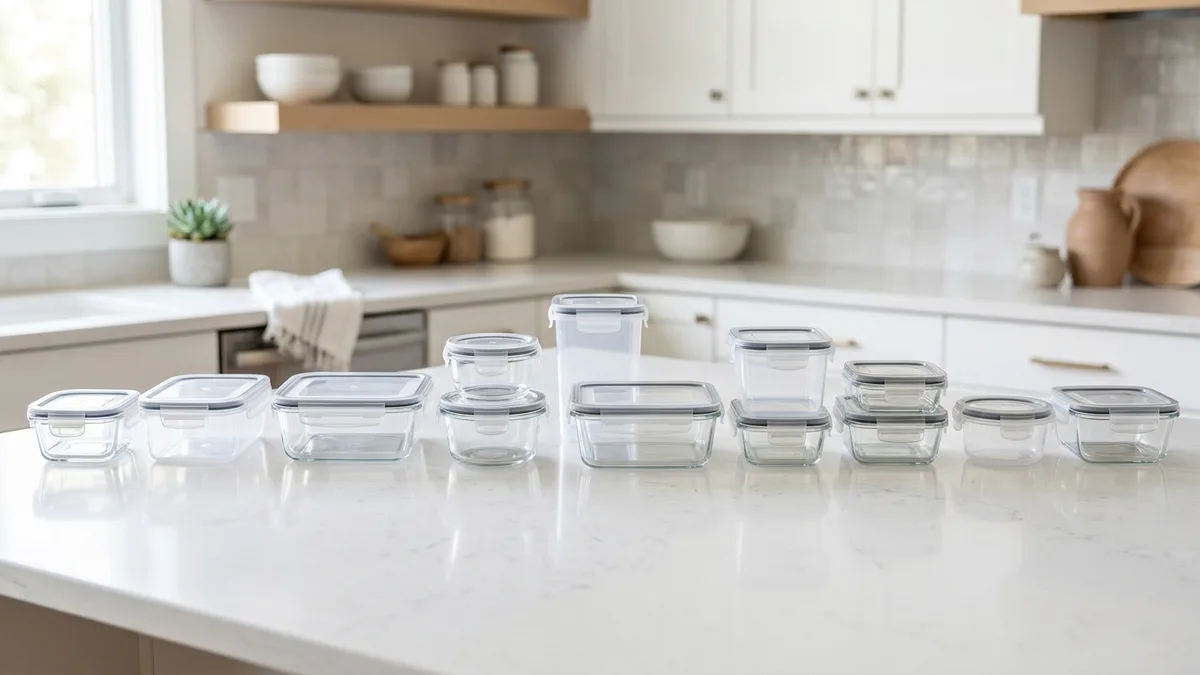 Assorted glass and plastic food storage containers with locking lids arranged on a modern kitchen countertop