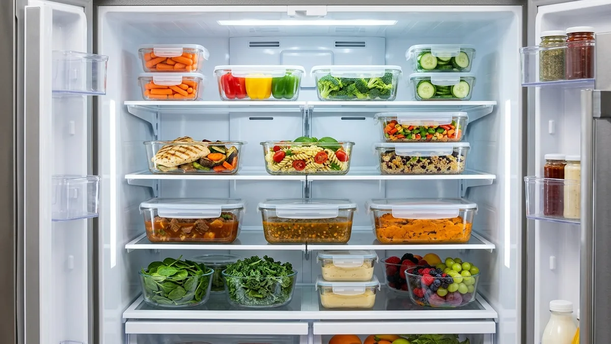 Clear rectangular food storage containers stacked neatly inside a modern organized refrigerator