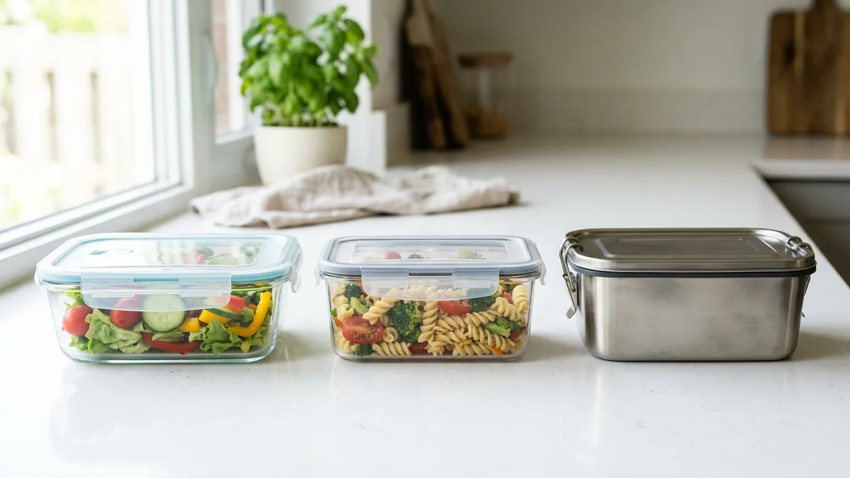 Tempered glass BPA-free plastic and stainless steel food storage containers compared side by side on a white countertop