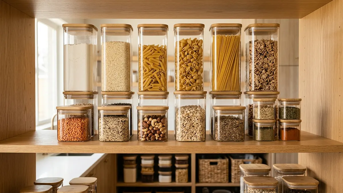 Organized pantry shelf with matching square and rectangular airtight food storage containers holding dry goods