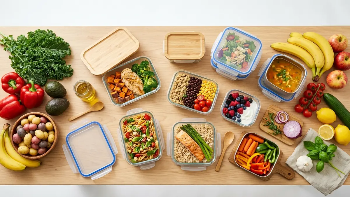 Overhead flat lay of open and closed food storage containers with meal prepped food on a clean white kitchen surface