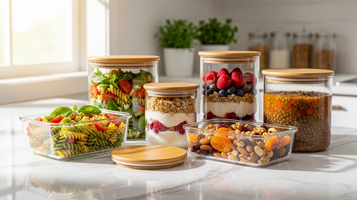 Glass food storage containers with airtight lids storing fresh ingredients on marble counter
