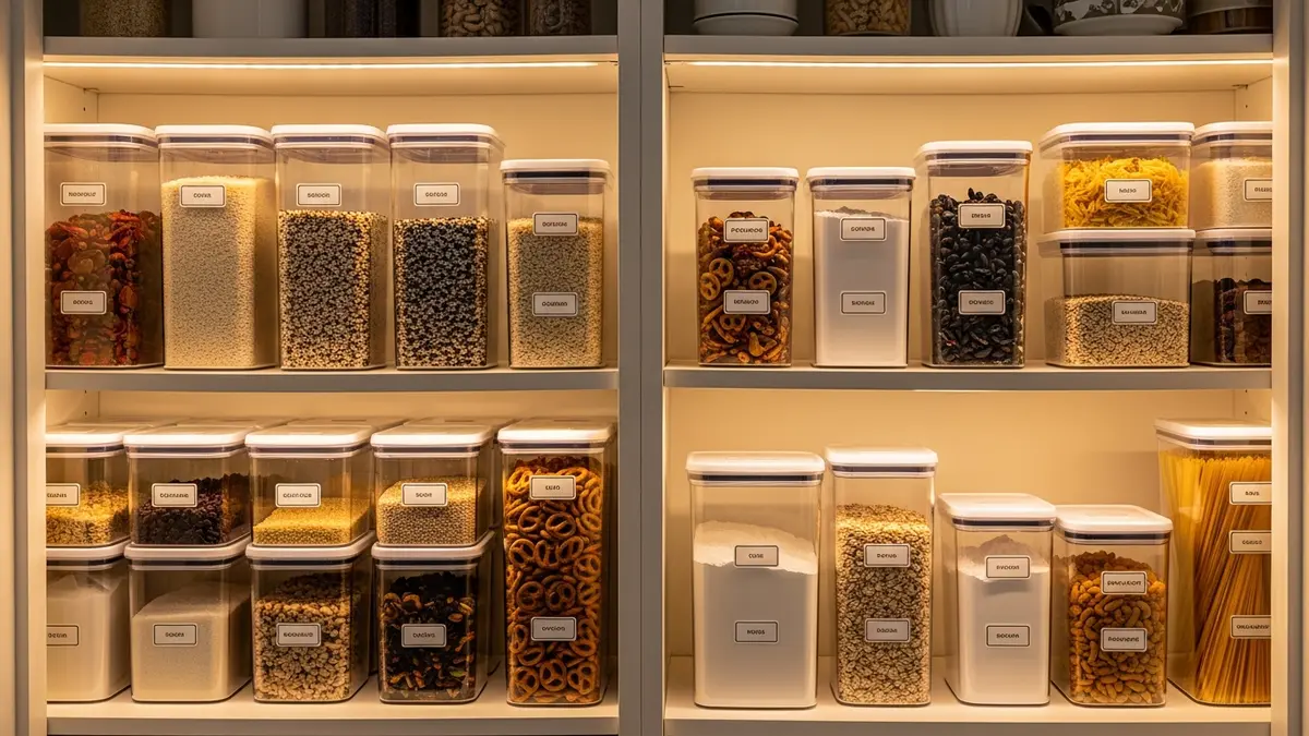 Organized kitchen pantry featuring clear food storage containers with labels