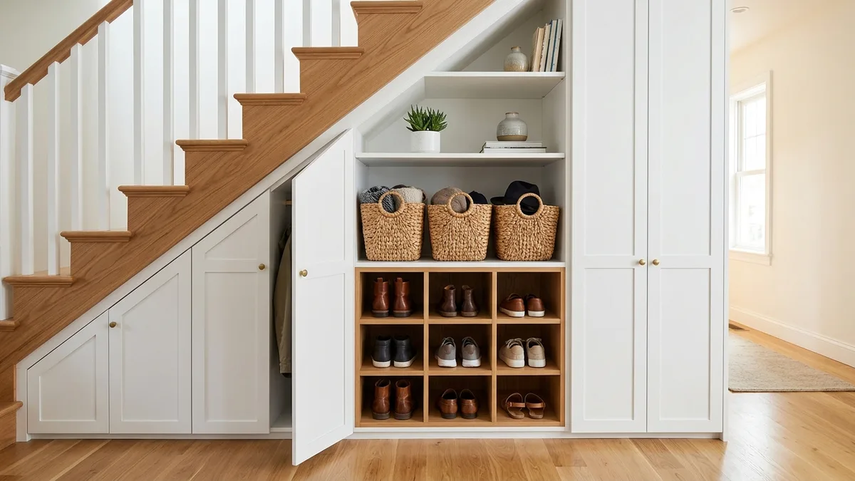 Modular under-stair cabinet system with white doors, shoe cubbies, and wicker storage baskets