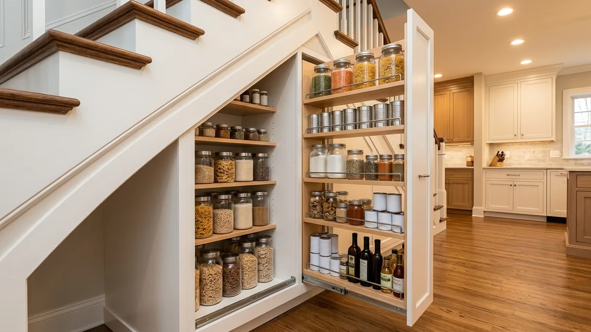 Under-stair pull-out pantry shelves storing dry food containers and canned goods