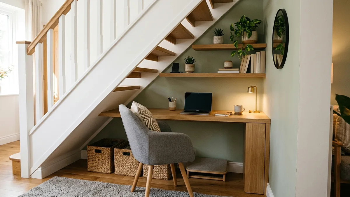 Under-stair space converted into a compact home office nook with floating shelves and storage bins