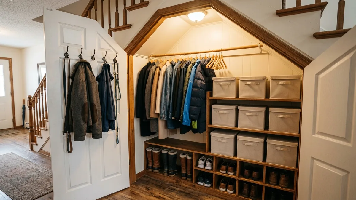 Under-stair closet with hanging coat rod, shoe shelves, door hooks, and labeled storage boxes