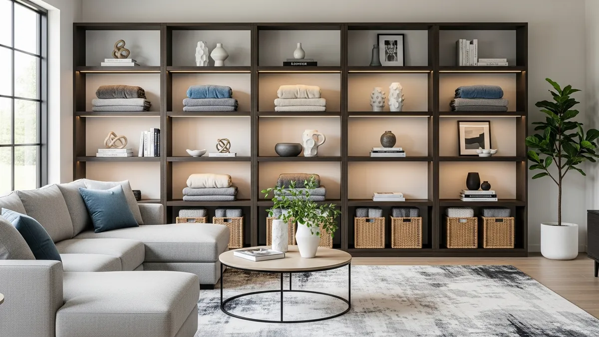 Built-in shelving system with dedicated blanket storage compartments