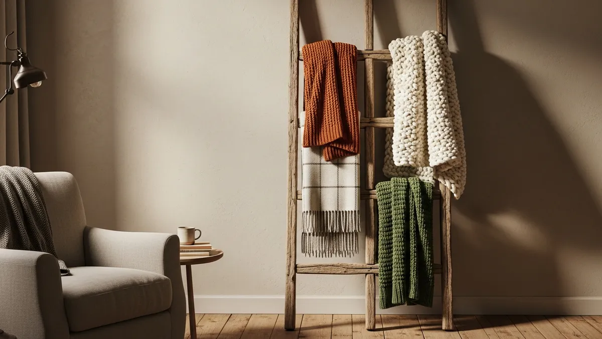 Wooden ladder used as decorative blanket storage display in living room