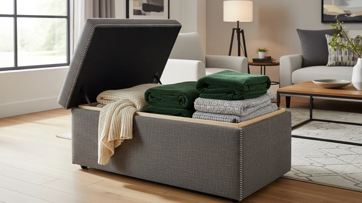 Storage ottoman with blankets organized inside for living room storage