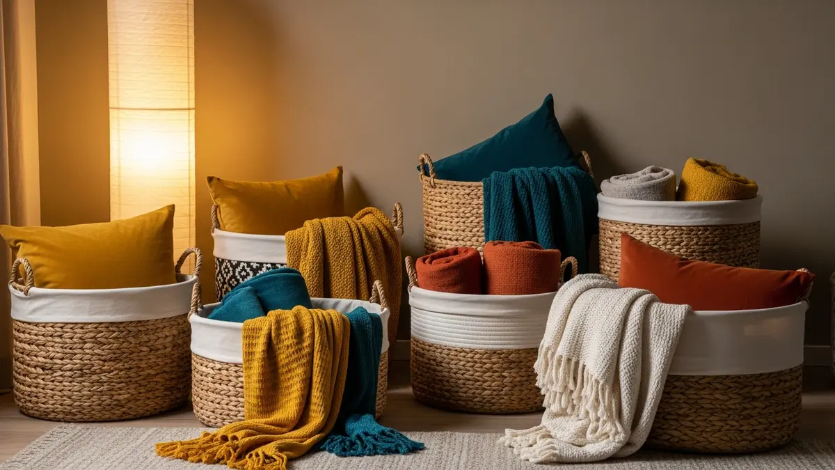 Stylish storage baskets containing folded blankets in living room corner