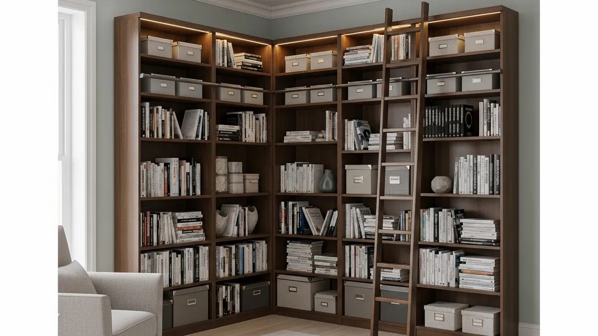 Corner book shelf on wall maximizing vertical space for home library organization