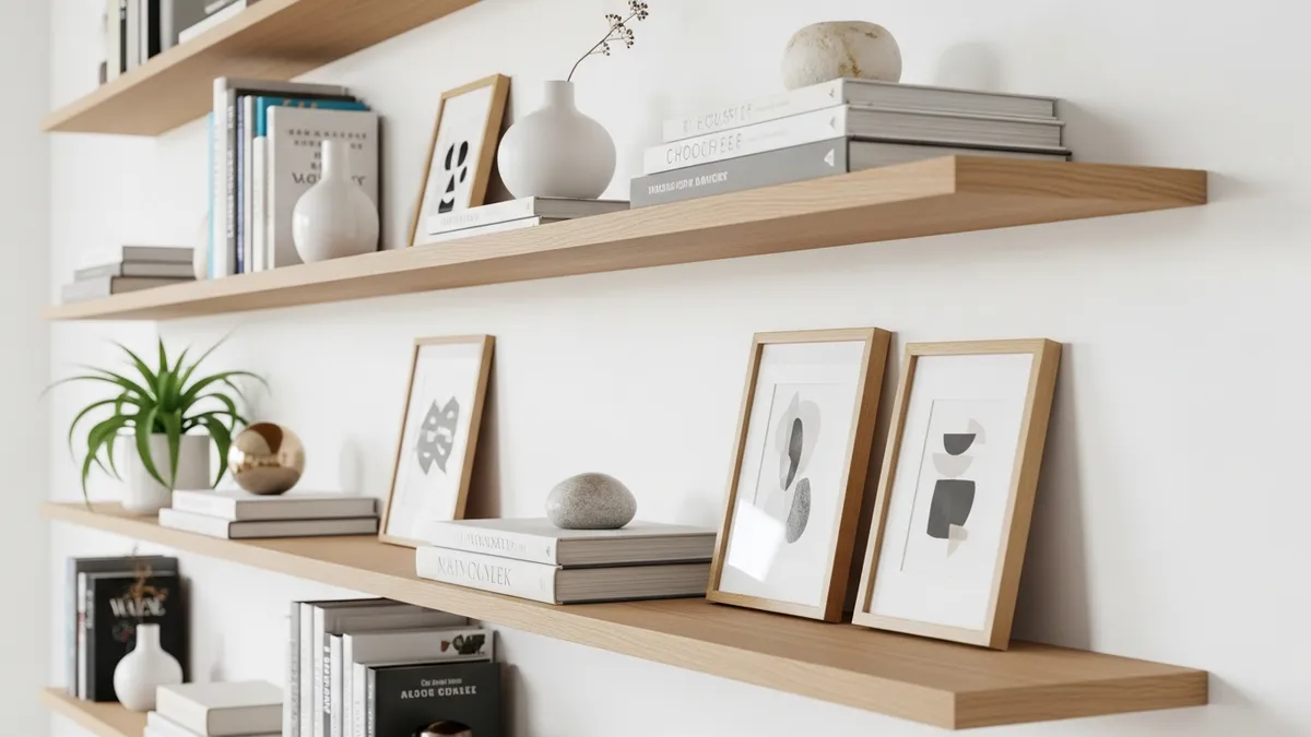 Floating book shelf on wall displaying books with decorative accessories in minimalist home design