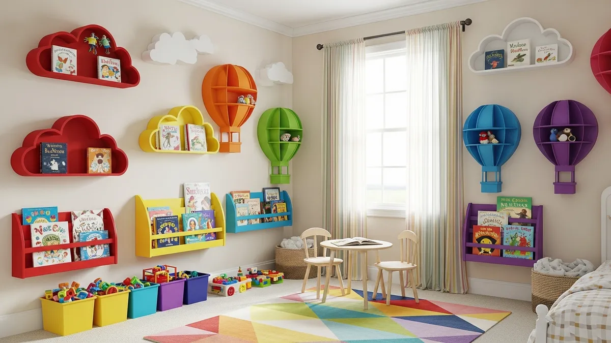 Creative children's book shelf on wall displaying picture books in colorful kid-friendly design