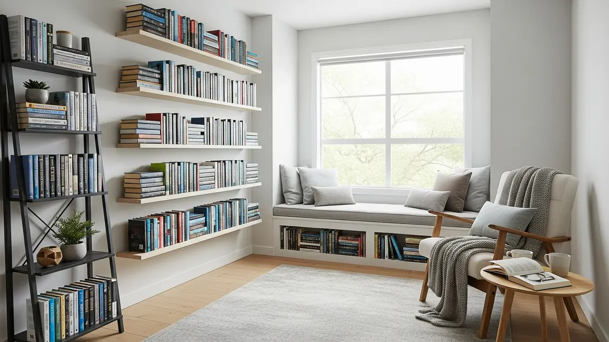 Creative book storage ideas for small spaces including floating shelves and a window seat reading nook