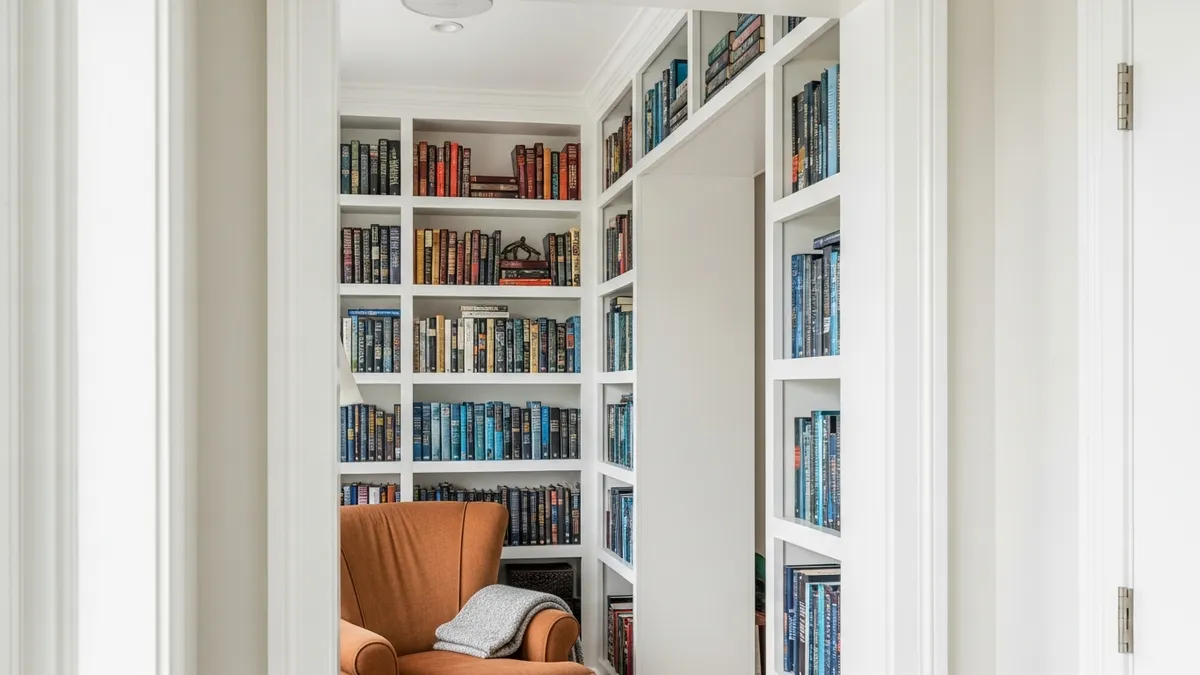 Built-in doorway bookcase providing floor-to-ceiling book storage in a small home