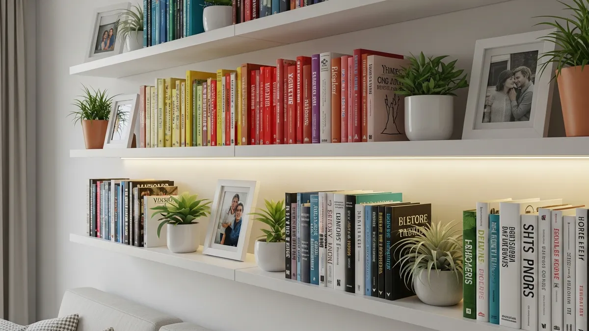Floating wall shelves as a book storage idea for small spaces in a minimalist apartment