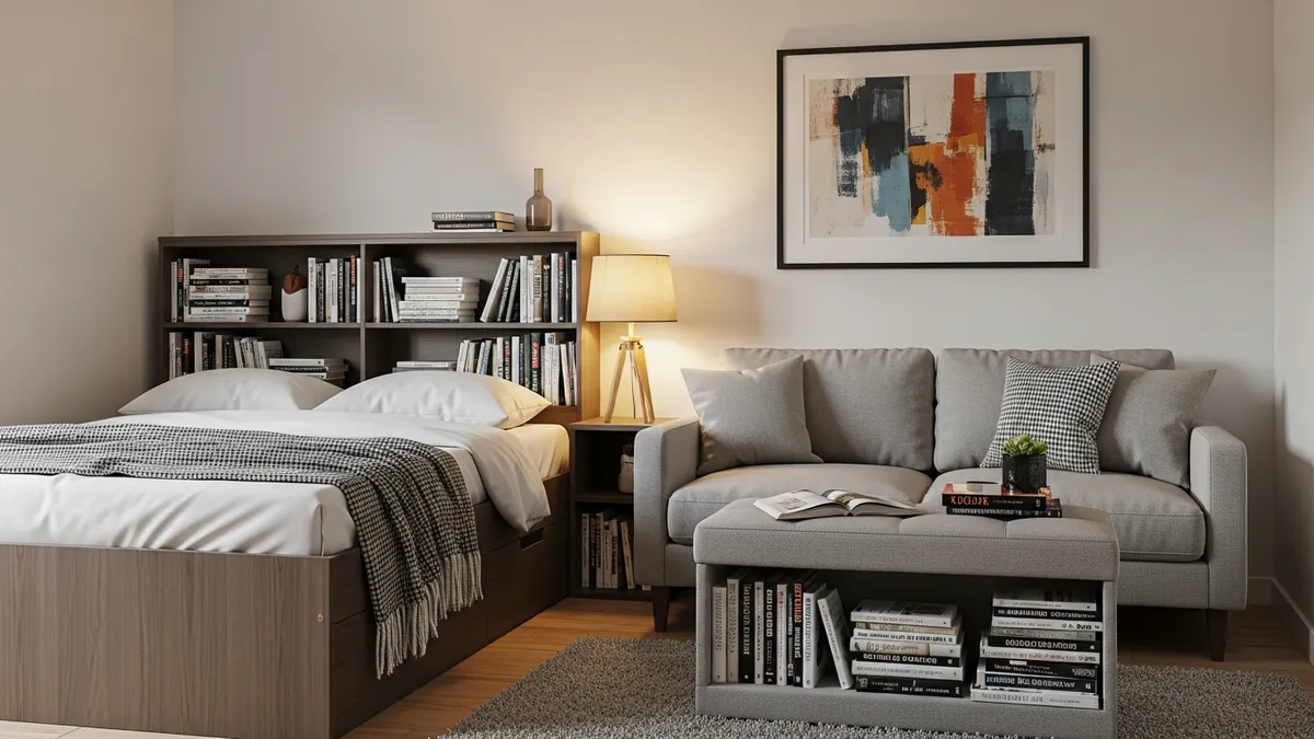 Multifunctional furniture with built-in book storage in a small bedroom