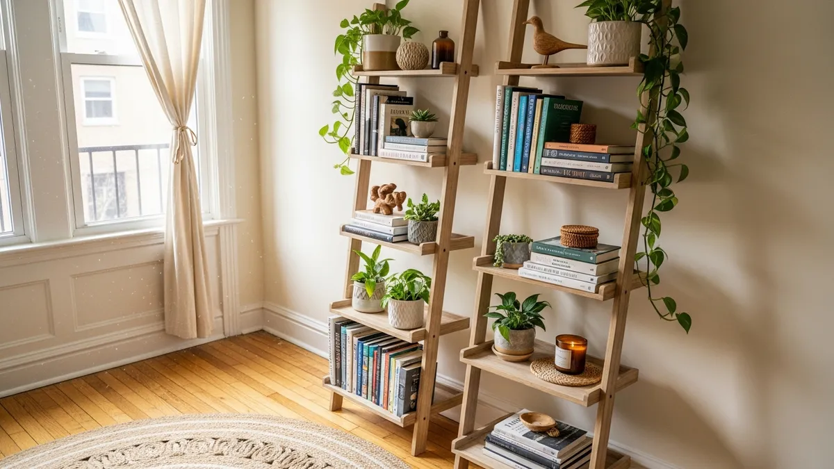 Tall ladder bookshelf used as vertical book storage idea for small apartment corners