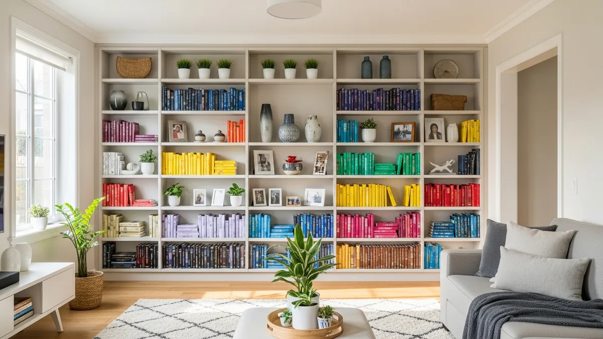 Modern living room with built-in floor-to-ceiling bookshelf showcasing creative book storage ideas