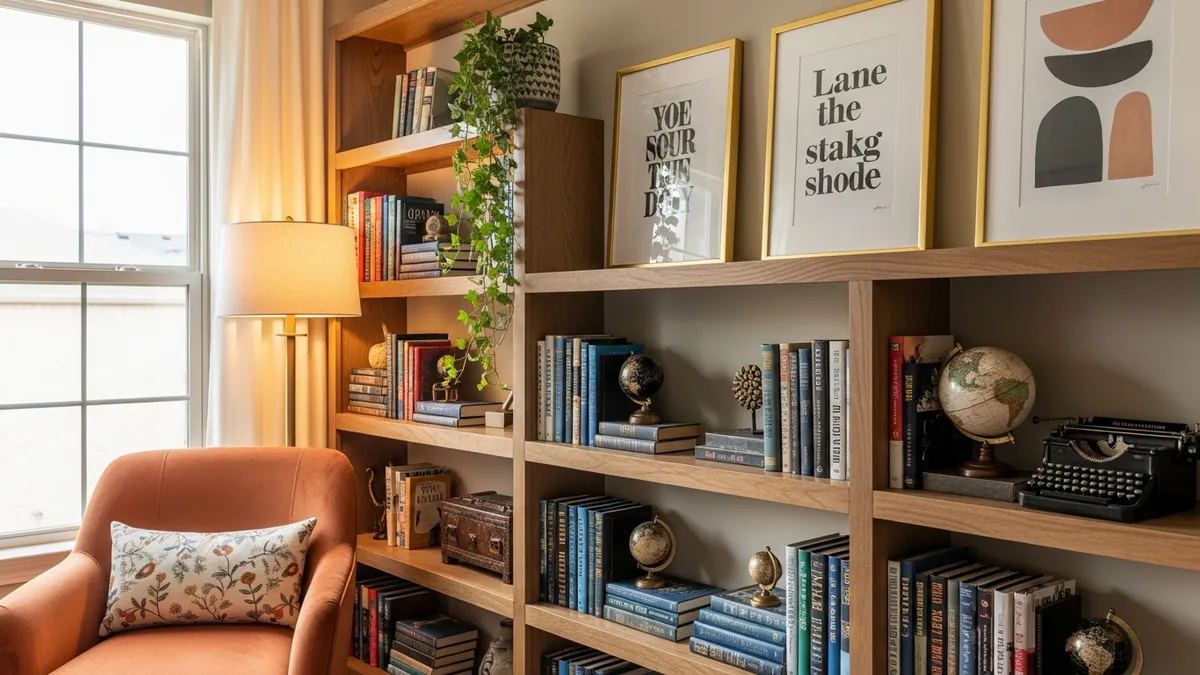 Stylish decorative book storage ideas with bookends, plants, and a cozy reading nook in an American home