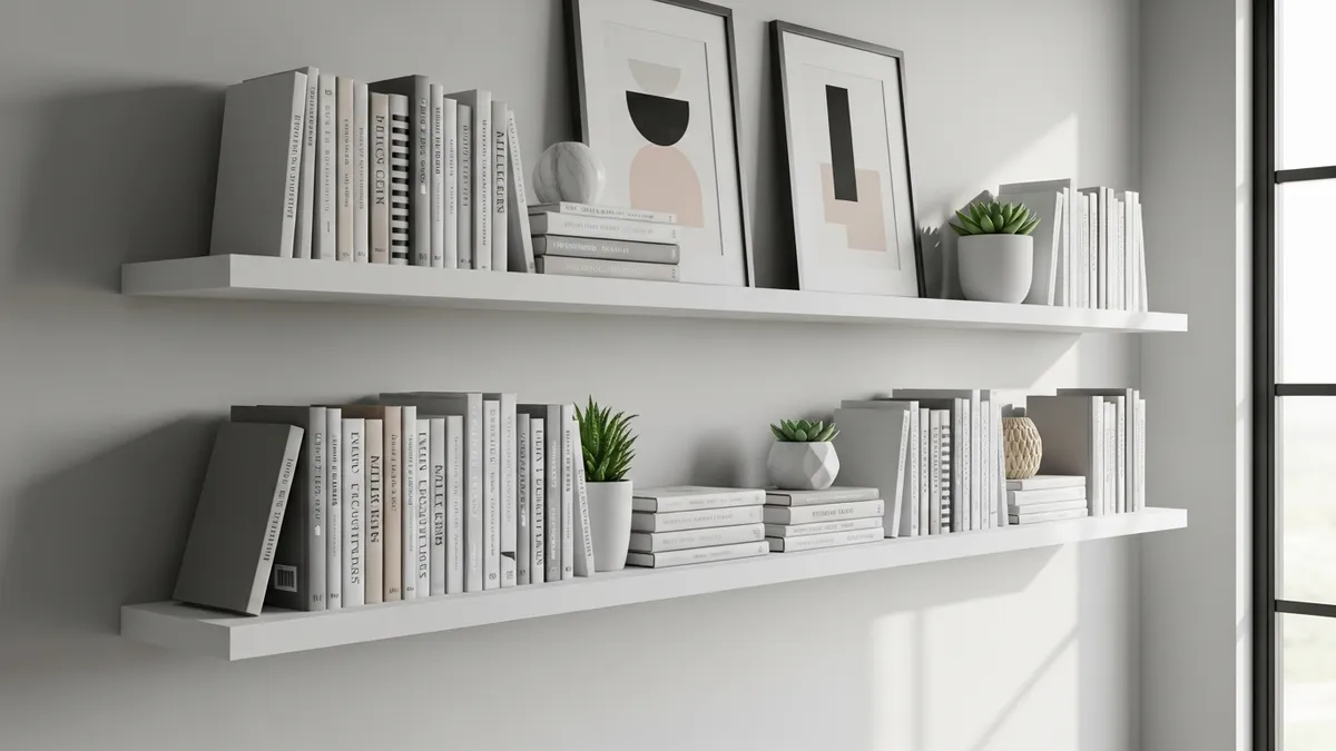 Minimalist floating wall shelves used as a creative book storage idea in a modern home