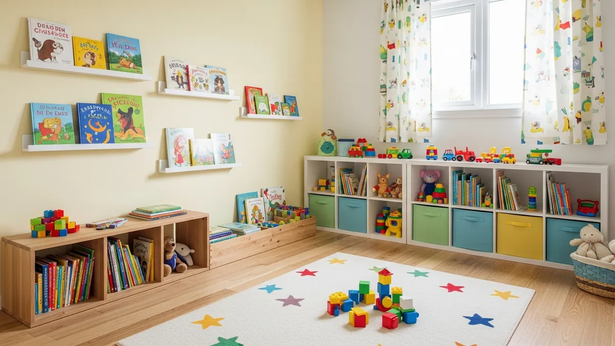 Fun and colorful kids book storage ideas with wall ledges and open bookshelves in a children's bedroom