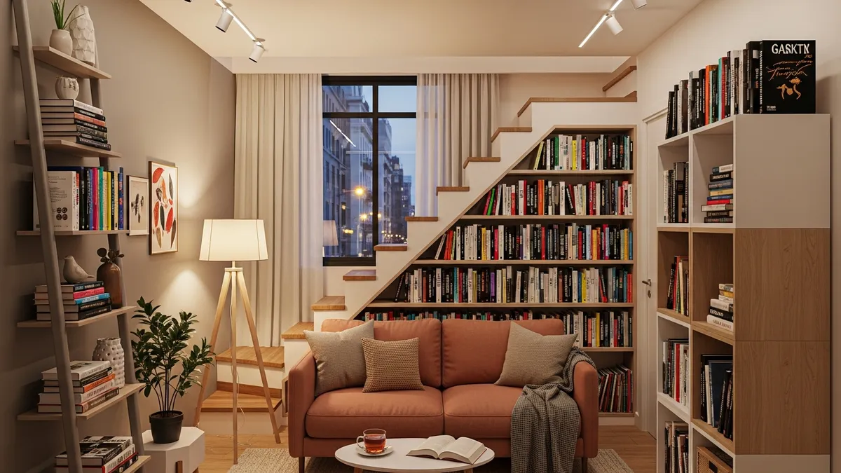 Small space book storage ideas including ladder shelf and cube organizers in a cozy apartment