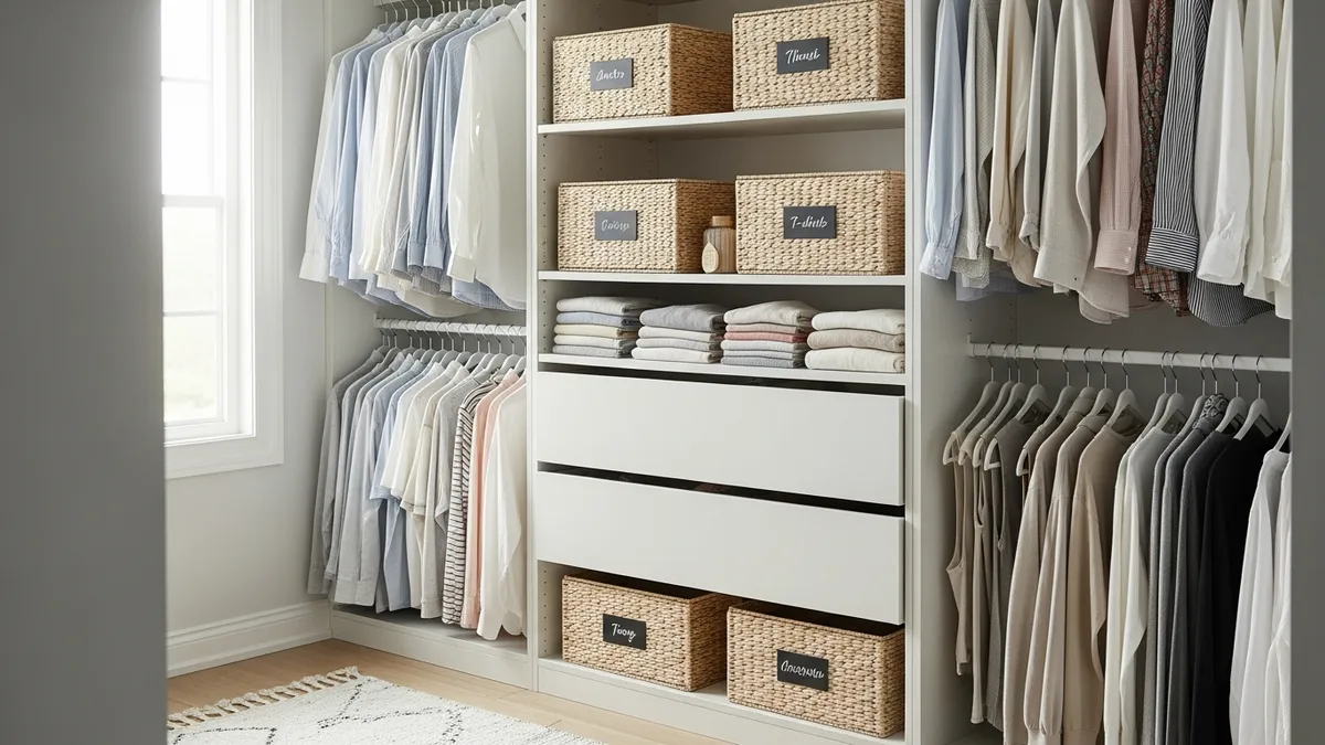Bedroom closet organized with storage boxes using KonMari method for efficient space utilization