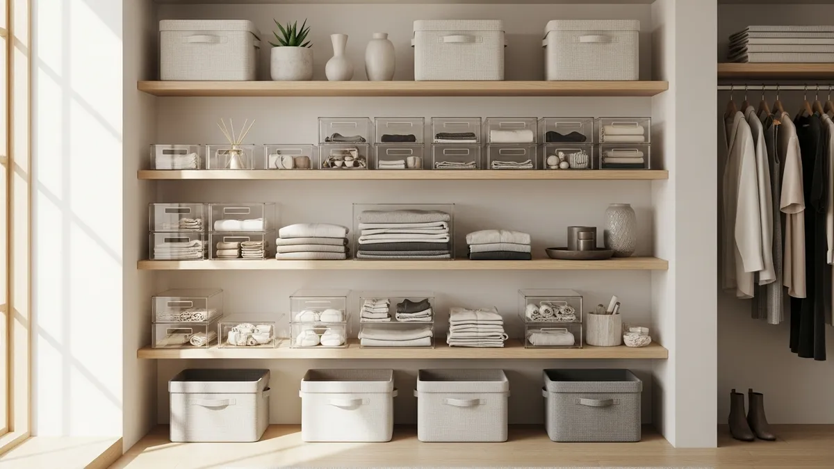 Organized storage boxes in modern minimalist home interior showcasing smart storage solutions