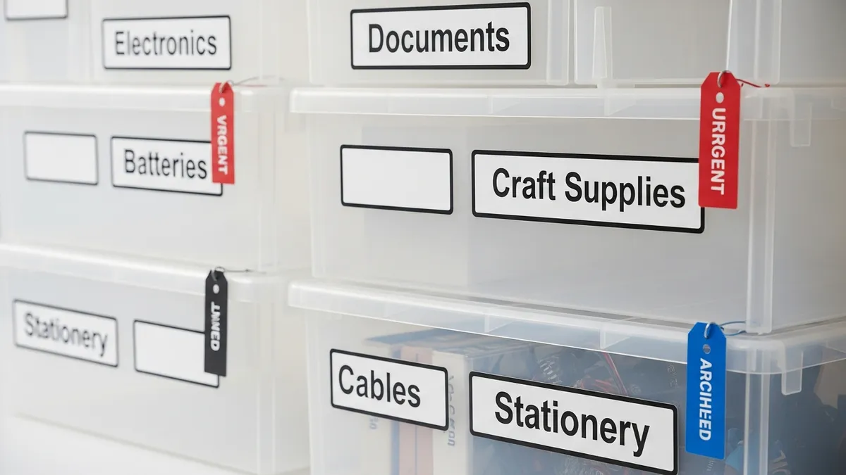 Storage box labeling system with clear category tags for efficient home organization