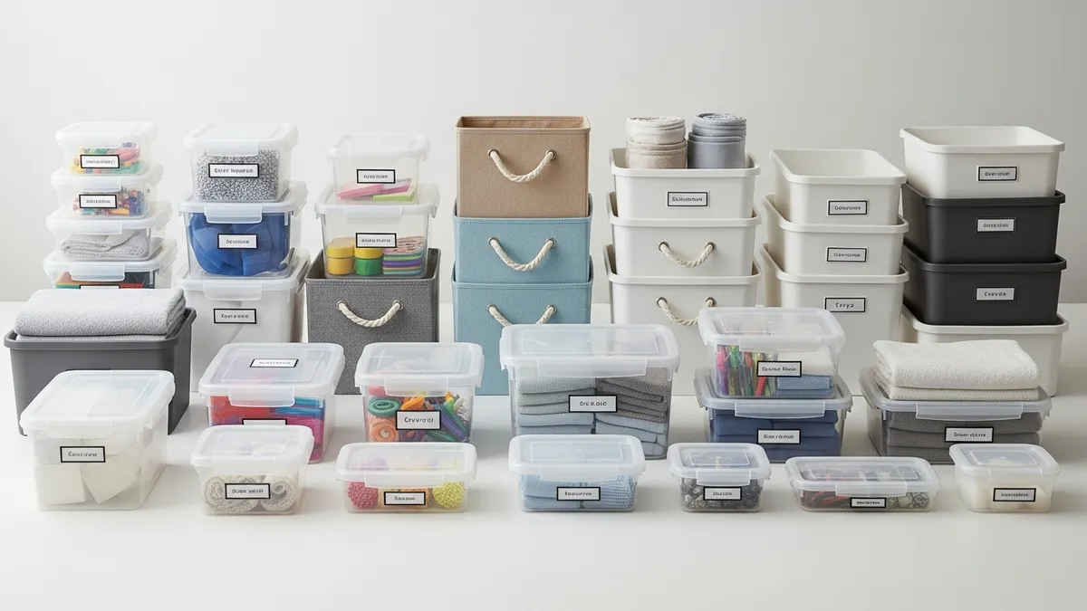 Various types of storage boxes including clear plastic, fabric, and stackable containers for home organization