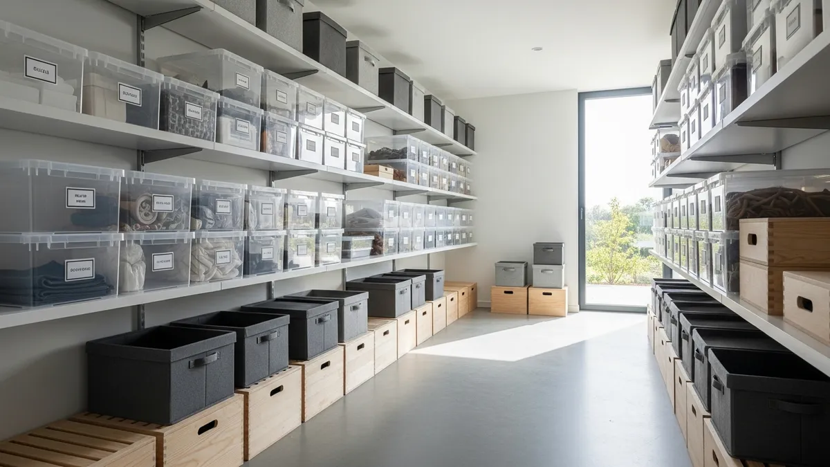 Box storage solutions organized in modern home storage room with various container types