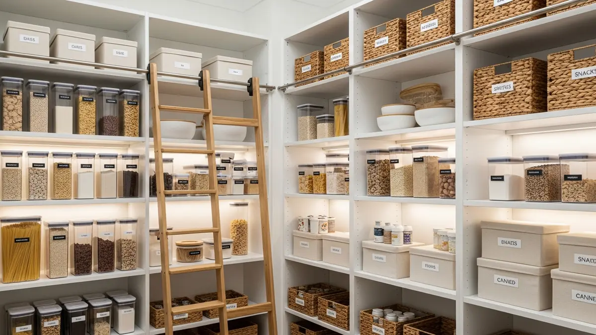 Kitchen pantry organization with clear box storage containers and labeled food storage systems
