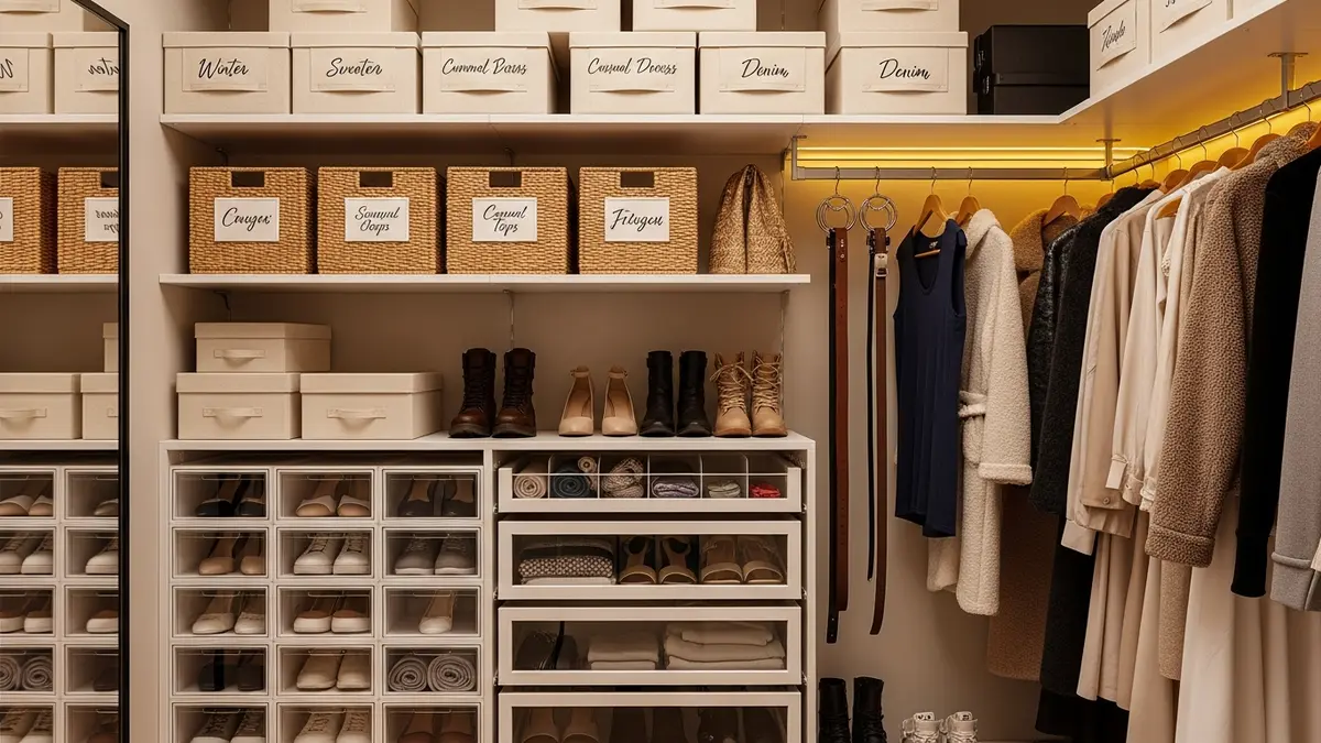 Bedroom closet organization using box storage systems with labeled containers and seasonal storage