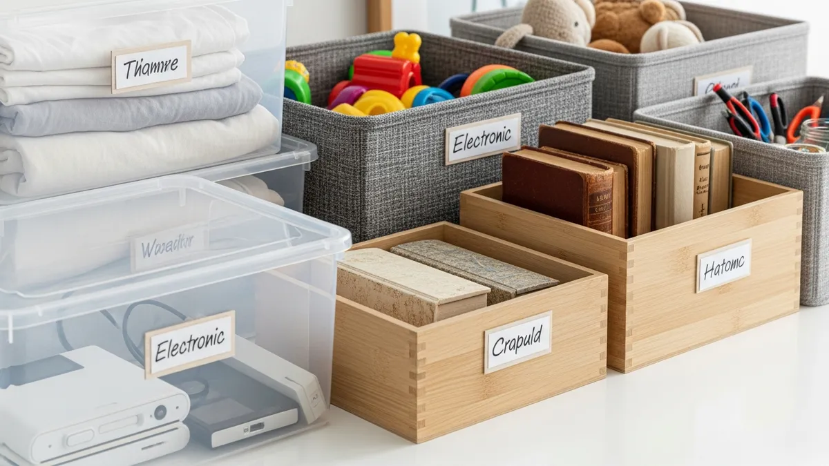 Various types of box storage containers with labels for home organization