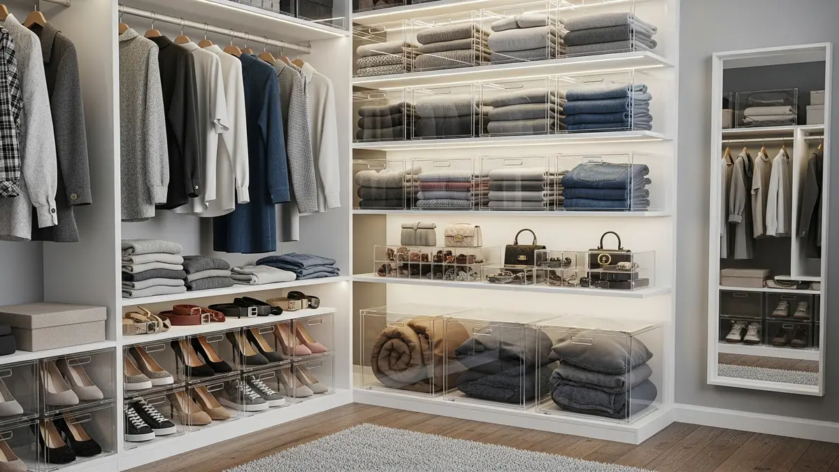 Bedroom closet organization using clear box storage containers for clothes and accessories