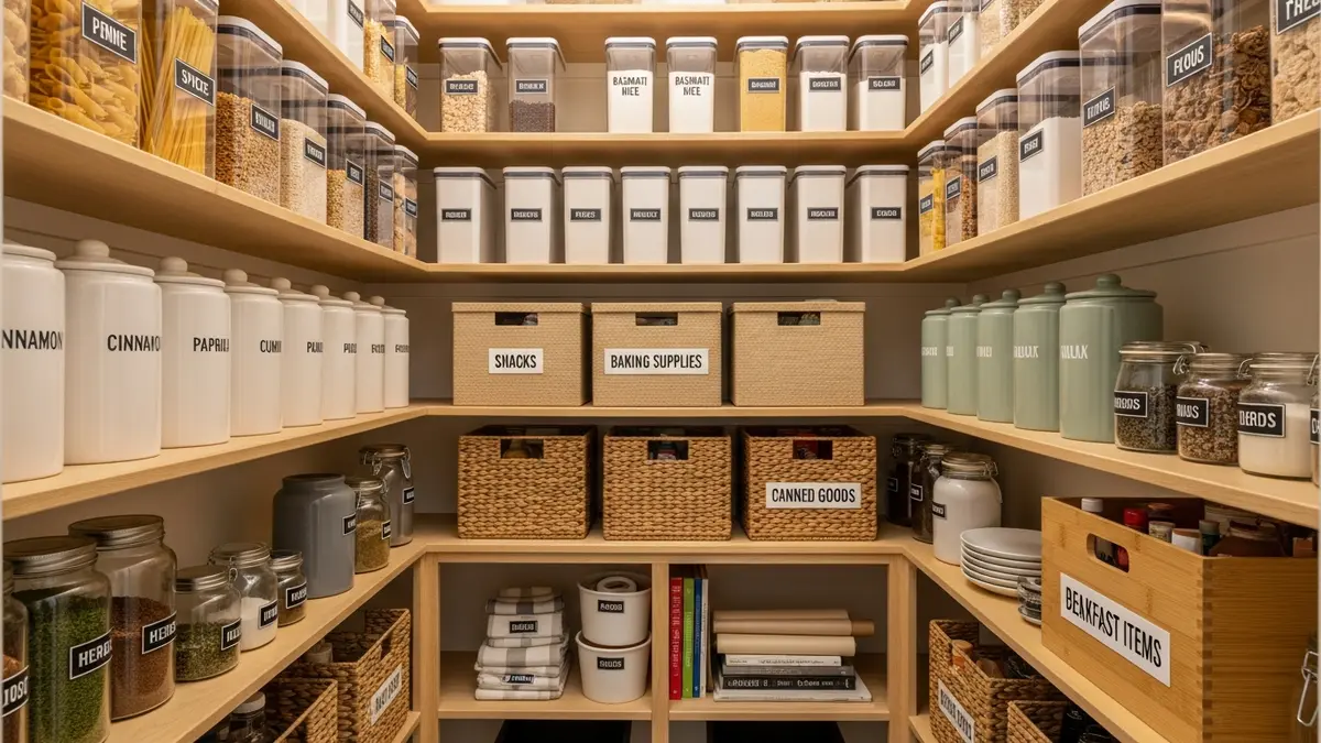 Kitchen pantry organization with box storage solutions for food and supplies