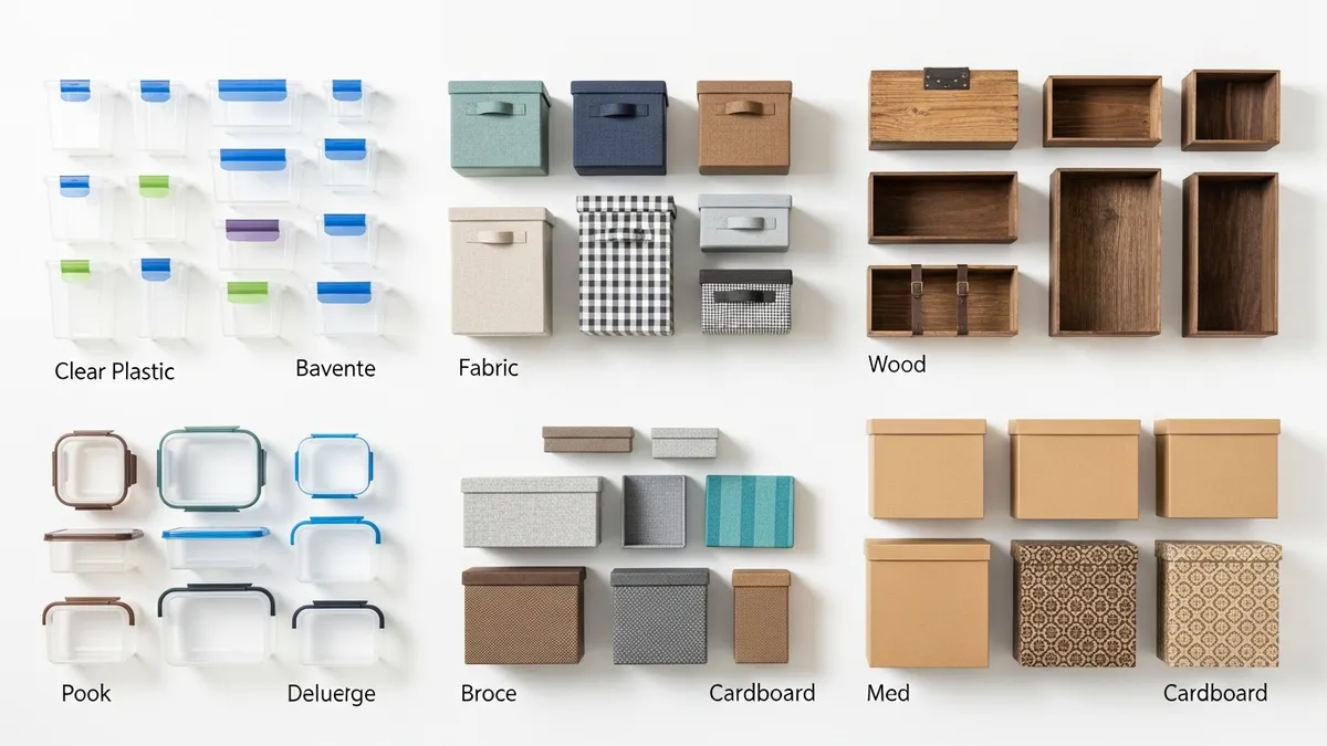 Different types of box storage containers comparison showing plastic, fabric, wood and cardboard options