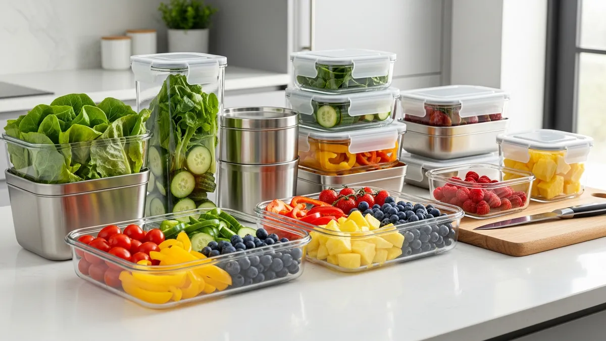 BPA-free food storage containers arranged on kitchen counter with fresh food