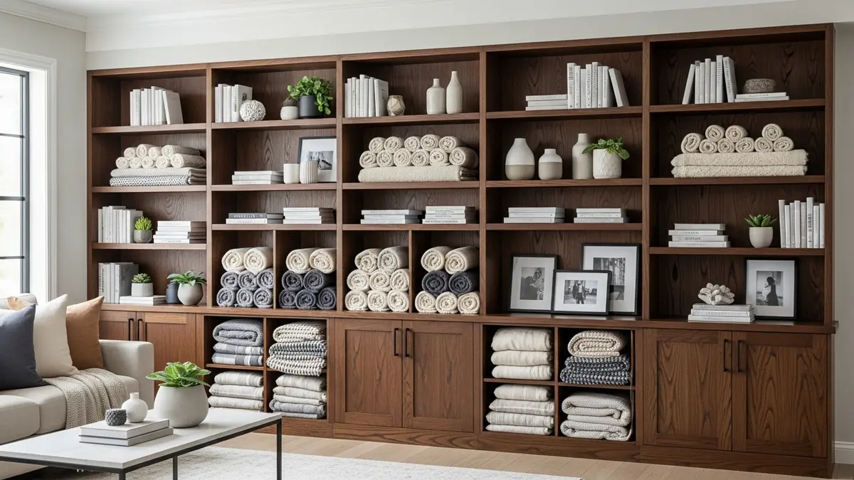 Built-in shelving with integrated blanket storage compartments for living room