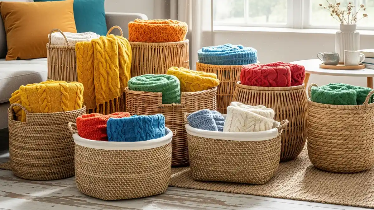 Decorative storage baskets filled with organized blankets for living room storage