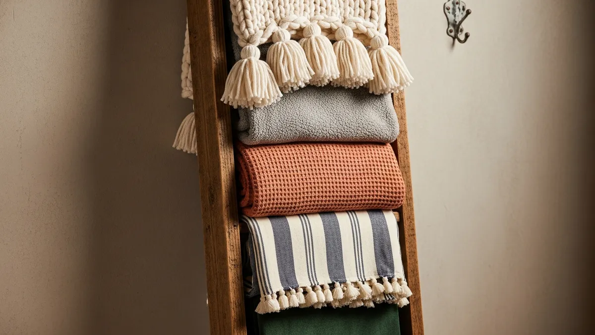 Wooden blanket ladder storage display for living room organization