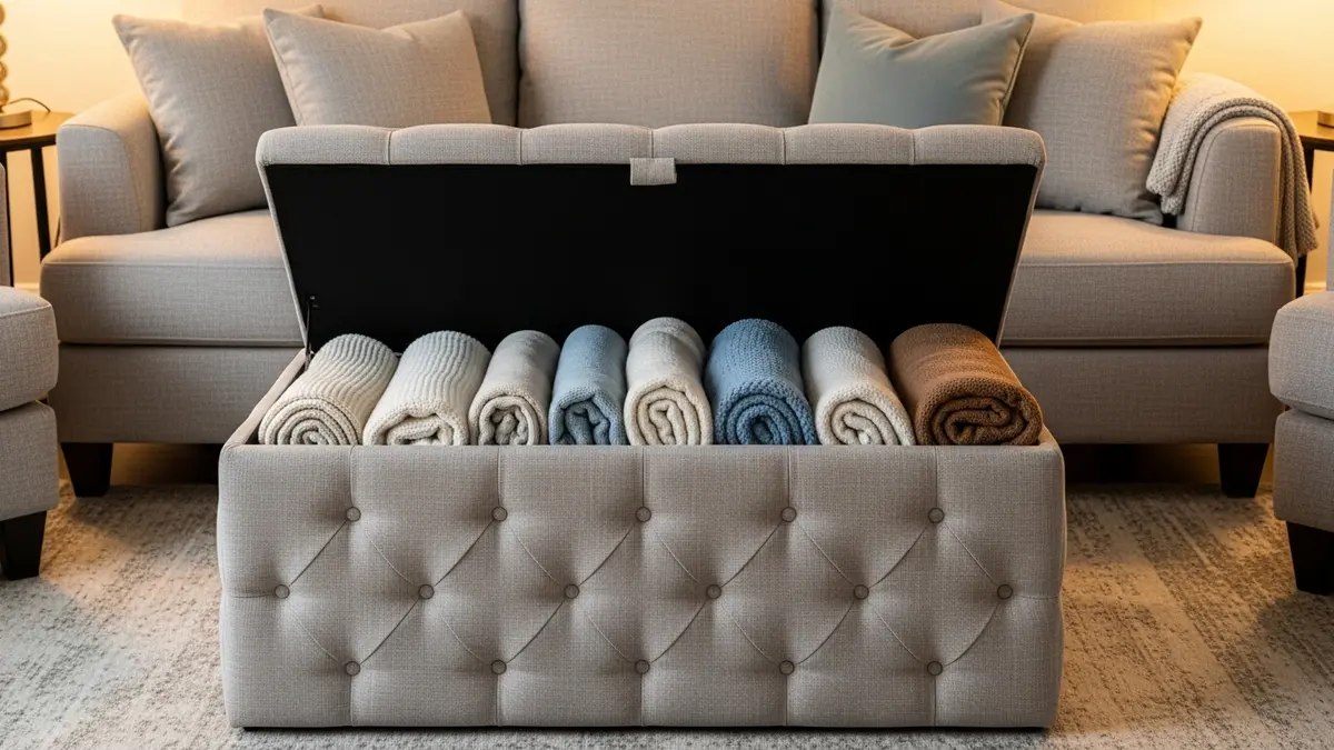 Storage ottoman with blankets inside showing hidden living room storage solution